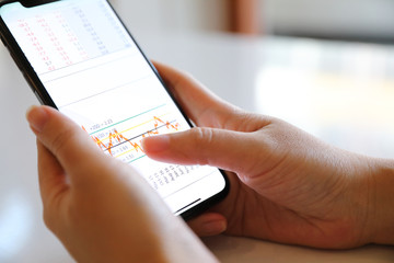 Female hand with smartphone trading stock online in coffee shop , Business concept