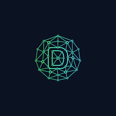 Letter D network  Logo design. Technology digital abstract dot connection cross logo icon. Circle with connected lines for brand of smart contract block symbol. - Vector