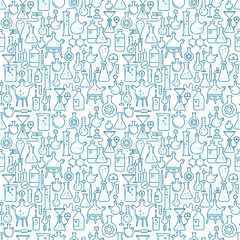Chemistry science lab seamless pattern background. Education set. Laboratory research experiments equipment. Outline contour blue line.
