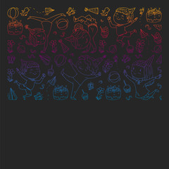 Vector pattern with kindergarten, toy children. Happy children illustration. gradient drawing on blackboard.