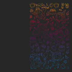 Vector pattern with kindergarten, toy children. Happy children illustration. gradient drawing on blackboard.