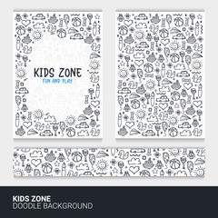 Flyer or brochure template with kids doodle background.