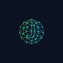 Letter J network  Logo design. Technology digital abstract dot connection cross logo icon. Circle with connected lines for brand of smart contract block symbol. - Vector