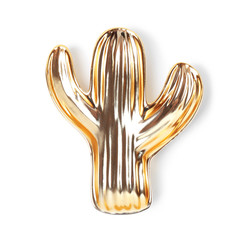 Trendy gold cactus shaped plate on white background, top view
