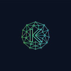 Letter K network  Logo design. Technology digital abstract dot connection cross logo icon. Circle with connected lines for brand of smart contract block symbol. - Vector