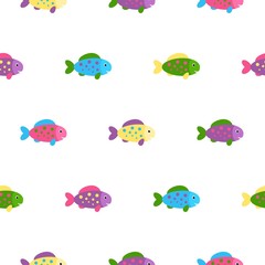 Small colorful cute fishes on white background. Abstract vector seamless pattern in flat style