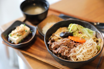 Sukiyaki donburi , sukiyaki hot pot stew with Japanese rice in bowl Japanese food
