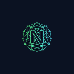 Letter N network  Logo design. Technology digital abstract dot connection cross logo icon. Circle with connected lines for brand of smart contract block symbol. - Vector