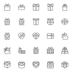 Gift box line icons set. linear style symbols collection, outline signs pack. vector graphics. Set includes icons as round gift box with bow, heart shaped box, wrapped surprise box