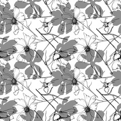 Vector Cosmos floral botanical flowers. Black and white engraved ink art. Seamless background pattern.