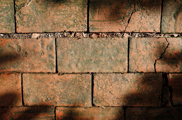 Old orange brick wall and shadow from tree, texture of orange stone blocks closeup. Wall texture. Background of old vintage brick wall.