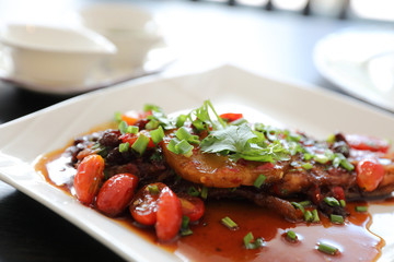 Fried fish with spicy sauce and rice , traditional thai food