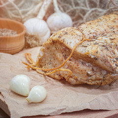 Large piece of smoked brisket meat. Natural product from organic farm.Meat with spices