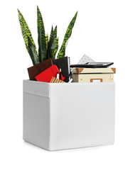 Moving box with stuff isolated on white. Work promotion concept