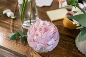 Ball vase with hydrangea. Summer bouquet. Learning flower arranging, making beautiful bouquets with your own hands. Flowers delivery