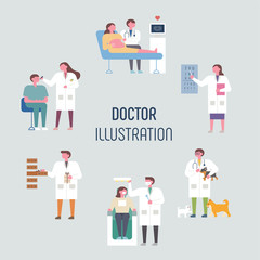 Doctors who treat different parts of patients. flat design style minimal vector illustration.