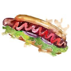 Hot dog Hamburger fast food isolated. Watercolor background illustration set. Isolated snack illustration element.