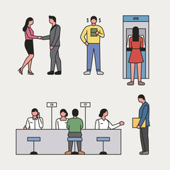 Employees and customers who work in banks. flat design style minimal vector illustration.