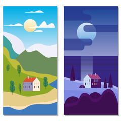 Autumn landscape sea ocean buildings, hills and trees mountains lake sun