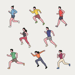 Fototapeta na wymiar Running character outline character set in marathon. flat design style minimal vector illustration.