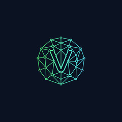 Letter V network  Logo design. Technology digital abstract dot connection cross logo icon. Circle with connected lines for brand of smart contract block symbol. - Vector