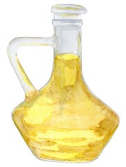Glass bottle with nature yellow oil. Bright isolated watercolor drawing