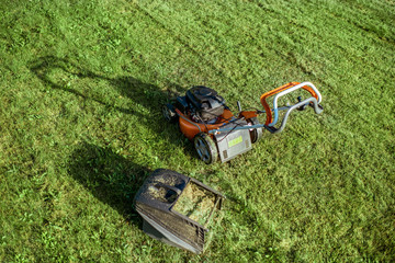 Gasoline lawn mower with basket full of grass on the green field, view from above