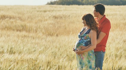 Pregnant woman and her husband hugging on the tummy together in nature outdoor on field.