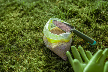 Fertilizer for grass growth in granules with gloves and scoop on the grass