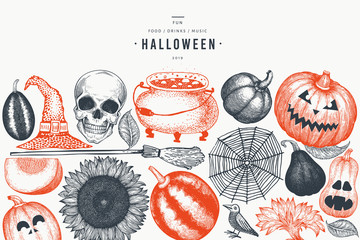 Halloween banner template. Vector hand drawn illustrations. Design with pumpkins, scull, cauldron and sunflower retro style. Autumn background.