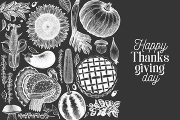 Happy Thanksgiving Day banner. Vector hand drawn illustrations on chalk board. Greeting Thanksgiving design template in retro style. Autumn background.