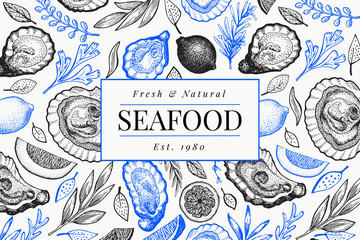Oysters and spices design template. Hand drawn vector illustration. Seafood banner. Can be used for design menu, packaging, recipes, label, fish market, seafood products.