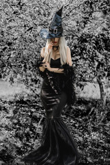 Halloween holiday witch Lady wear black hat and stylish dress in Mystical atmosphere outdoors, celebrate autumn 