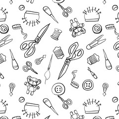 裁縫セット　シームレスパターン　白黒