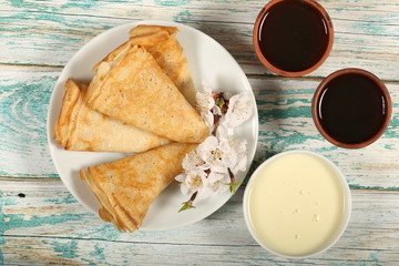 homemade thin pancakes are on the plate