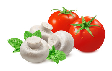 Tomato, mushrooms and basil leaves isolated on white background