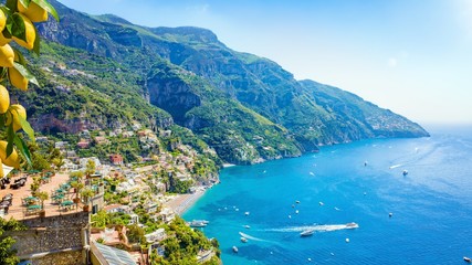 Beautiful Positano with comfortable beaches and clear blue sea on Amalfi Coast in Campania, Italy.