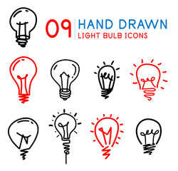 Set of creative doodles of electric light bulbs, energy hand drawn concepts, idea, innovation, brainstorm concepts