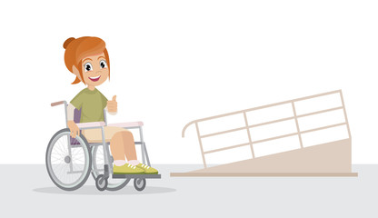 Smiling handicapped woman in wheelchair driving on ramp.