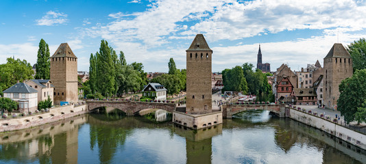 panorama view of the historic old town and canals of the city of Strassbourg as seen from the Barrage Vauban Dam