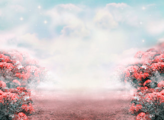 Fantasy summer photo background with roses flowers field and misty path leading to fairytale glade....