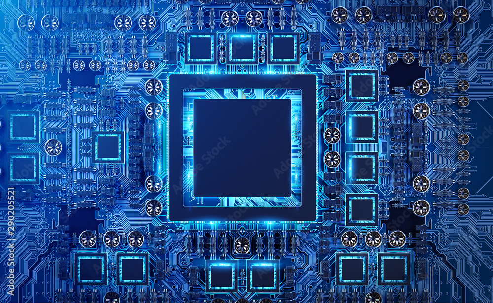 Fototapete close-up view of a modern gpu card with circuit 3d rendering