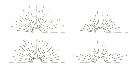 Sunburst thin line vector illustrations set. Different decorative sun rays burst pack. Monochrome fireworks, firecrackers explosion effect. Creative blast, sunshine isolated on white background - obrazy, fototapety, plakaty