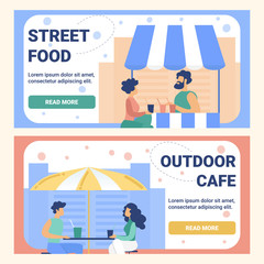 Street Food Outdoor Cafe Flat Vector Website.