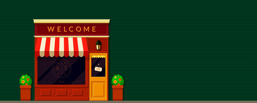 Shop, storefront facade vector background in retro style. Local business. Cafe, restaurants, bakery building. Illustration for online store website header or banner. Old European city street.