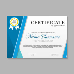 Modern certificate template design with blue and white color. Appreciation certificate, achievement certificate