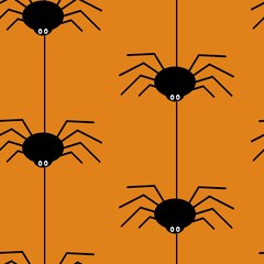 Black spider silhouette on orange background seamless Halloween vector pattern. 