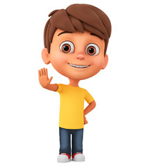 Cartoon character of a little boy showing a stop sign with his hand. 3d render illustration.