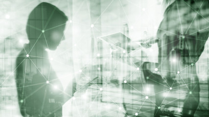 Silhouettes of Business People Over Cityscape Background. Corporate Lifestyle. Universal Wallpaper Concept.