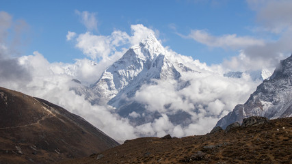 Scenic view of ama dablam mountain peak at chola lake near zongla village,Everest base campe treakking ,khumjung Nepal